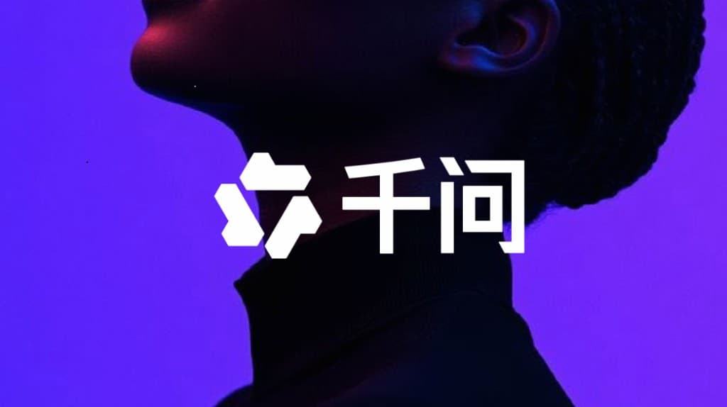 GEO · 通义千问品牌视觉：紫色背景、白色「千问」字样与几何标志，侧面人物剪影呈现专业科技感