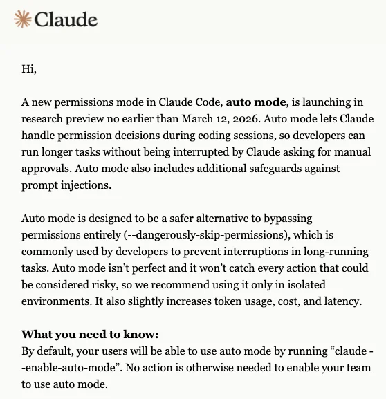 GEO · Claude 产品公告式版面:说明 Claude Code 即将推出 auto mode 权限模式、研究预览时程、指令与安全注意事项,呈现可引用的深度技术叙事