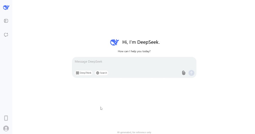GEO · DeepSeek 网页版界面:中央问候「Hi, I'm DeepSeek」、讯息输入框与 DeepThink/Search 选项,左侧为导览列