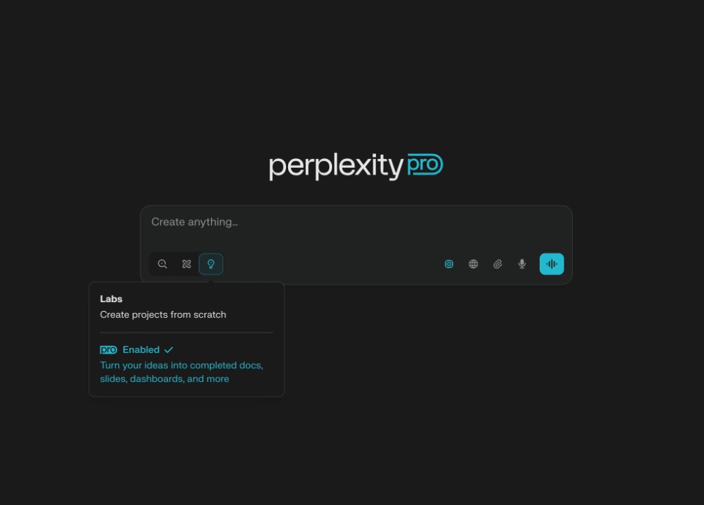 GEO · Perplexity Pro 界面截图：中央搜索列与 Labs 提示，说明可将想法转为文件、简报与仪表板等可引用内容